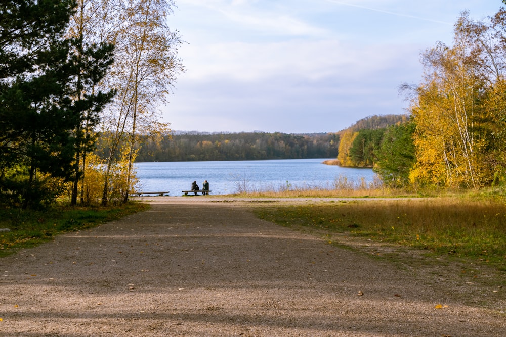 a couple of people sitting on a bench near a lake