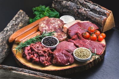 raw meat on white ceramic plate meat google meet background