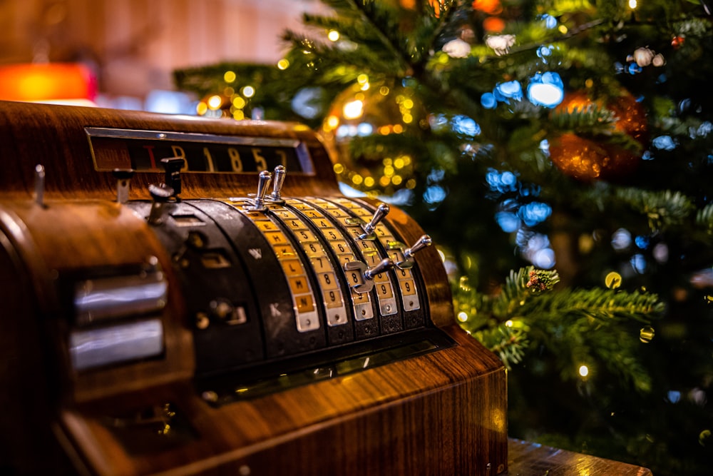 brown wooden chest box with blue string lights