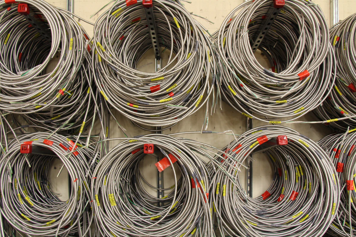 Coils of electrical cable stacked on a wall