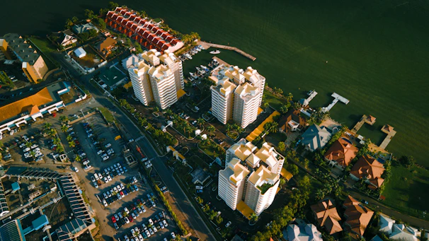 aerial view of city buildings during night time