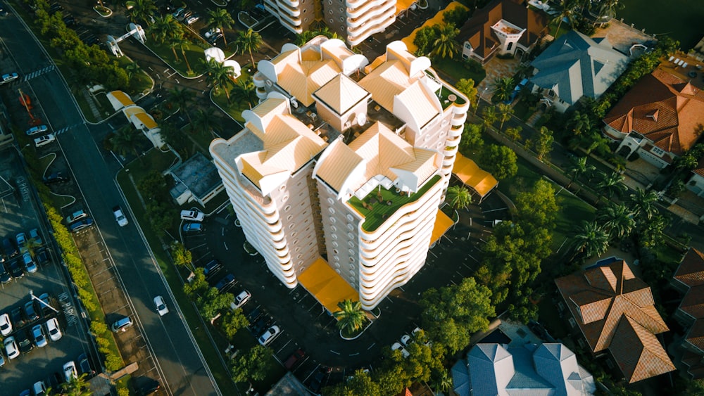 aerial view of white and brown building