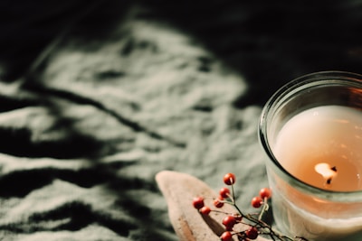 A lit candle in a glass holder is accompanied by a sprig of small red berries and a piece of driftwood, all resting on a dark, textured fabric surface. The candle emits a warm glow, creating a cozy ambiance.
