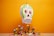 A colorful skull-shaped piñata hangs against an orange backdrop. Below it is a wooden surface with various small liquor bottles, roses, and candy scattered around. The piñata has bright green, orange, and red details, with a prominent toothy grin. The scene evokes a festive and lively atmosphere.