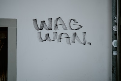 A wall with the phrase 'WAG WAN' written in bold, black letters. The wall is mostly plain and there is a vertical pipe with some small stickers on it to the right.