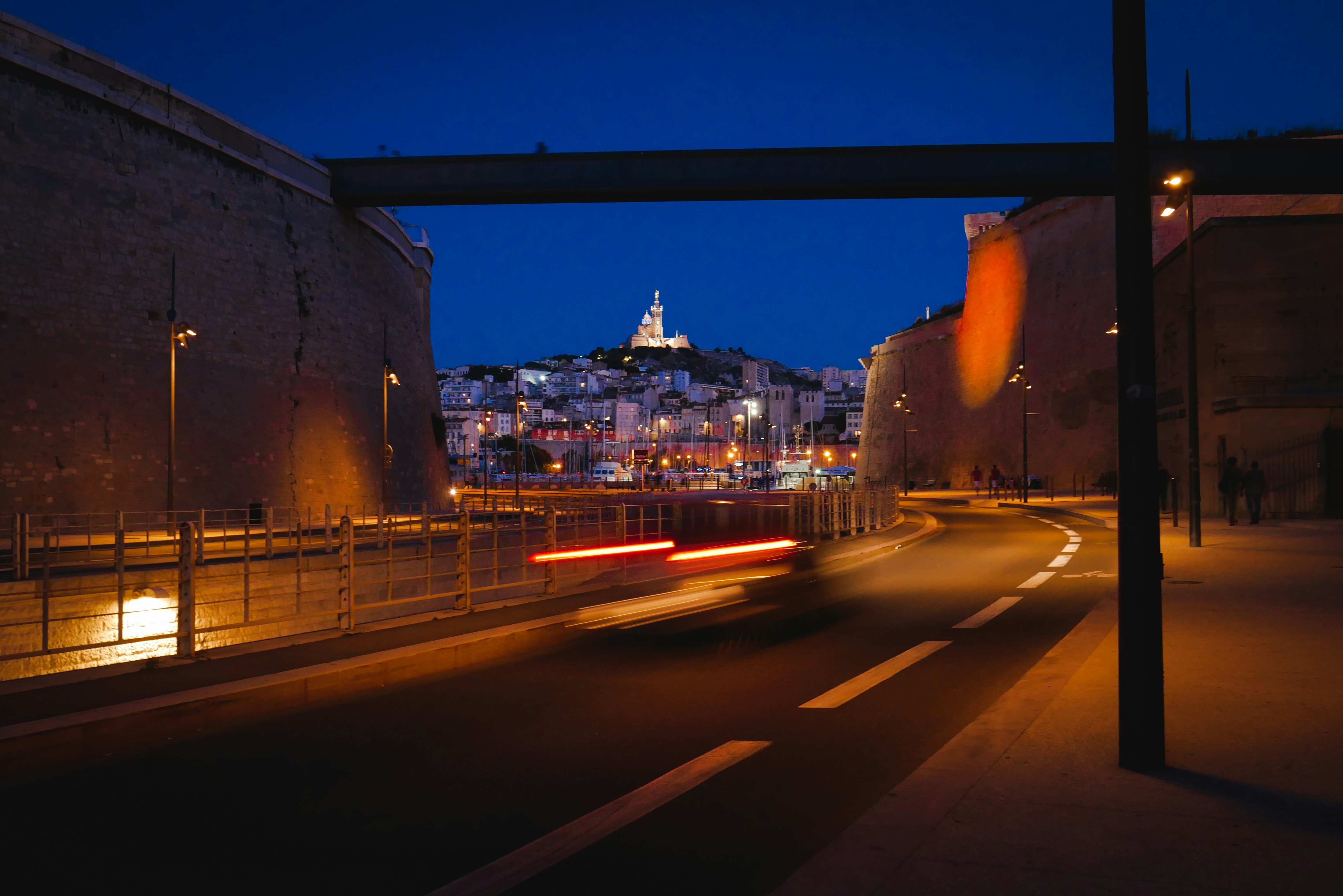 Night view of Notre-Dame-de-la-Garde from the Fort Saint-Jean in Marseille.