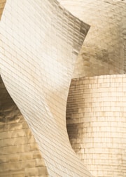 Close-up of a sophisticated metal architectural detail with silver and gold tones.