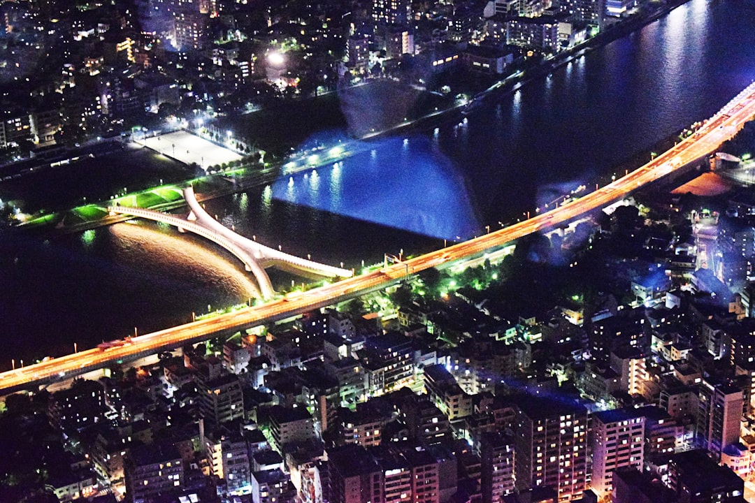 aerial view of city buildings during night time