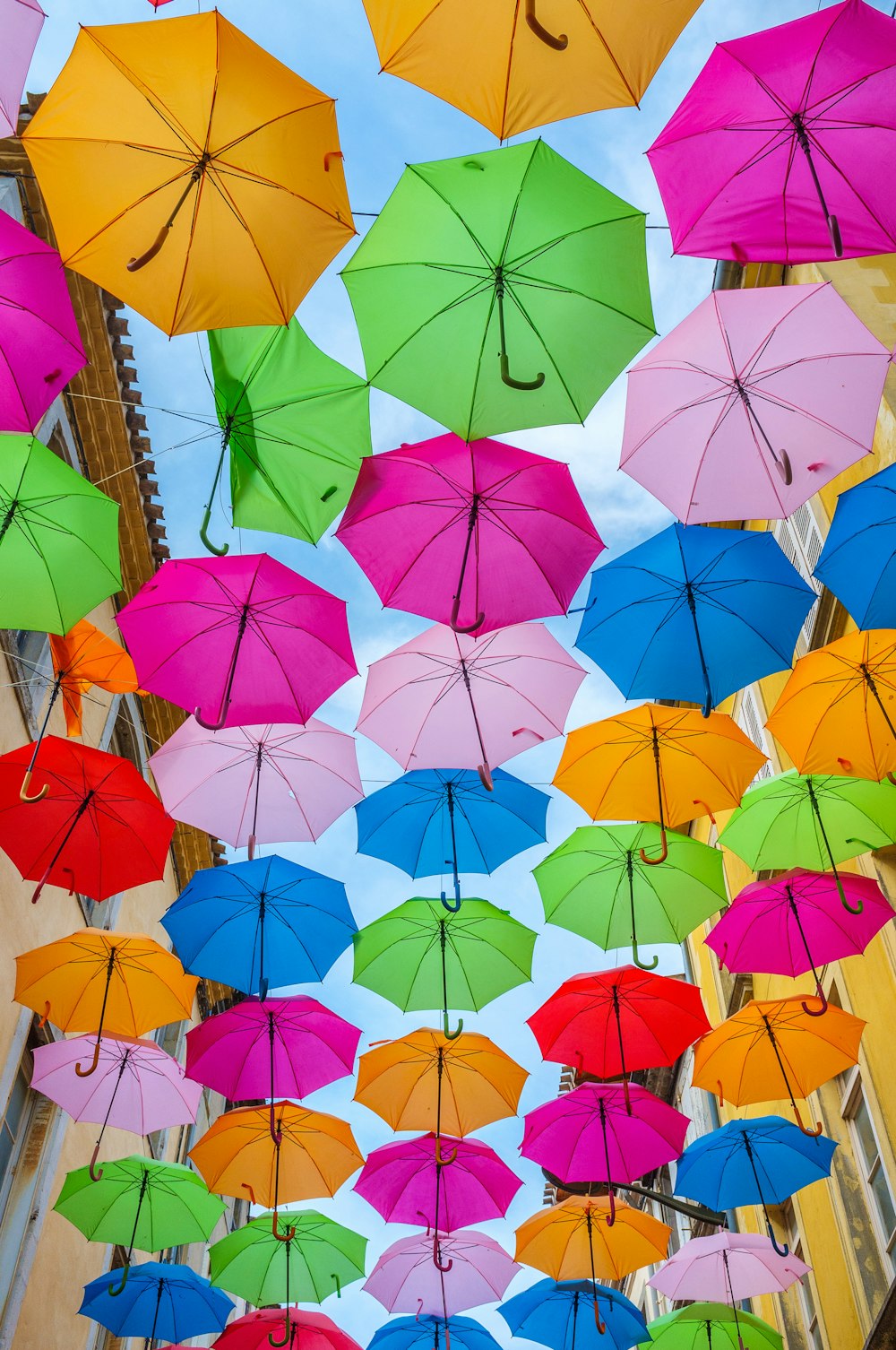 낮 동안 철사에 매달려있는 멀티 컬러 우산