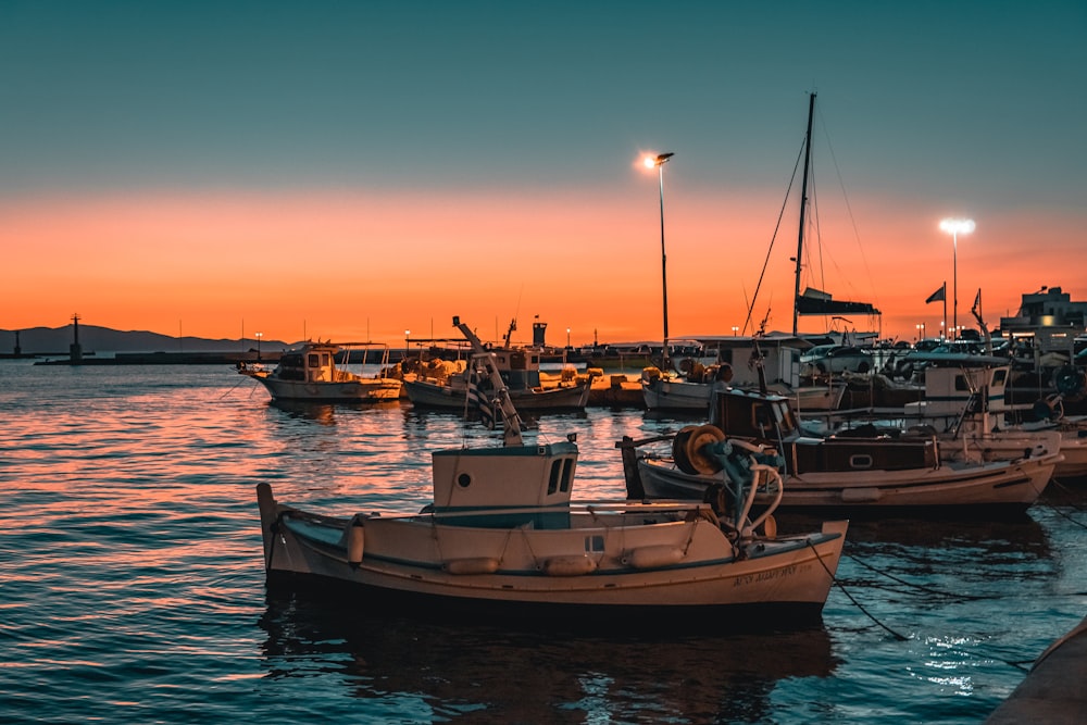 barca bianca e marrone sul mare durante il tramonto