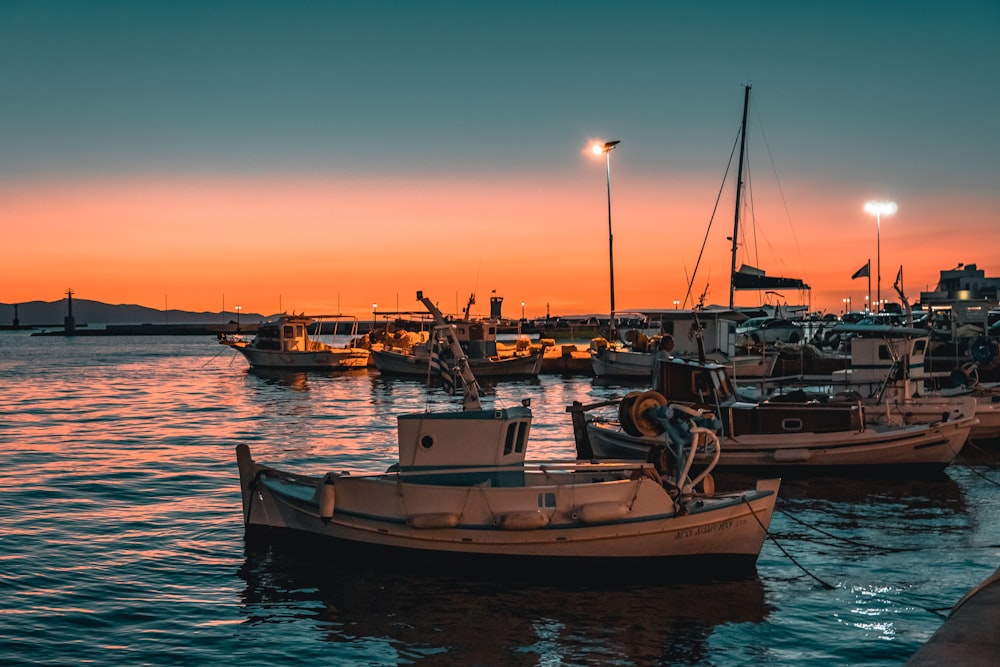 white and brown boat on sea during sunset