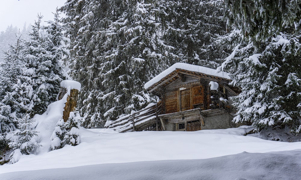 Casa de madera marrón cubierta de nieve