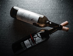 Two wine bottles lying side by side on a dark textured surface. One bottle has a light label with intricate designs and text in a serif font, while the other bottle features a darker label with bold text and a red accent line. Both bottles have corks inserted.