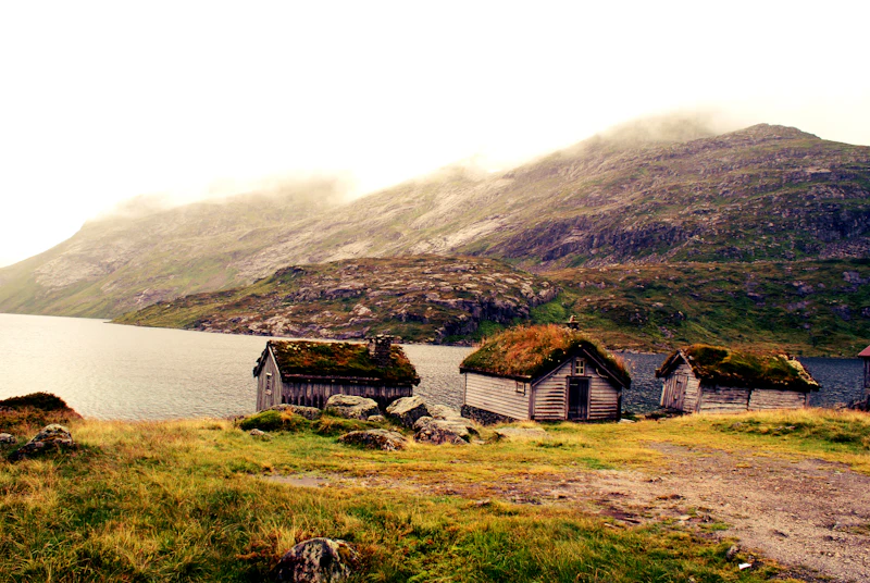 Scandinavian luxury wooden house exterior beside a lake and mountains