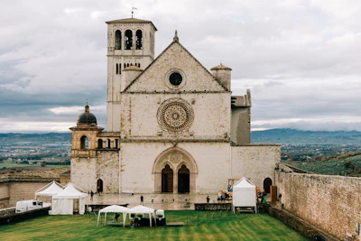 View of the Basilica of St Francis of Assisi, in the town of Assisi, Umbria, Italy, decorated with frescos by Giotto and Cimabue