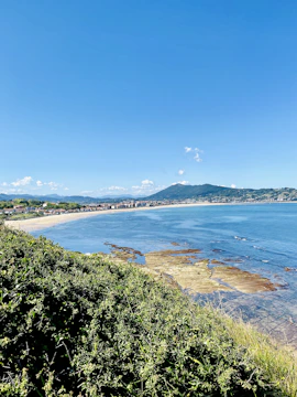 The scenic Banten coastline with seaweed farms stretching into the clear blue waters under a bright sky.