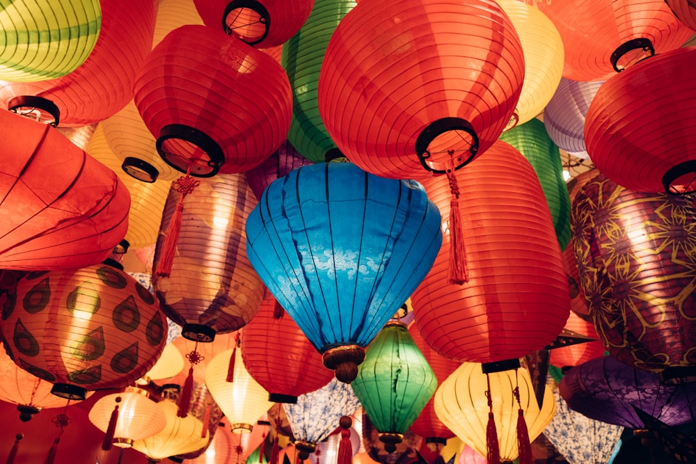 red green and yellow paper lanterns