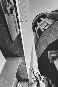A black and white photograph capturing various architectural elements, including a bridge, modern building angles, and a tall structure resembling a spire or tower. There is also a bare tree and a large advertisement board in view.