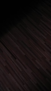 A dark, patterned wooden floor with subtle linear designs running horizontally. The lighting is dim, casting shadows that create a moody effect.