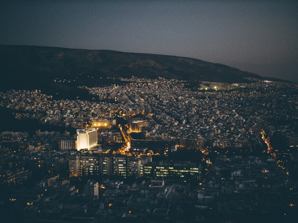 aerial view of city buildings during night time