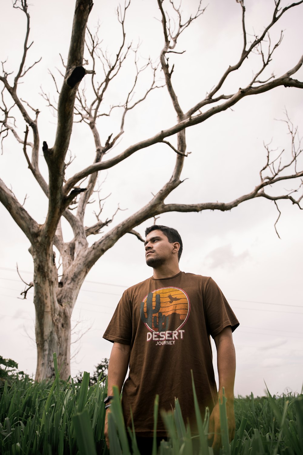 Mann im grauen Rundhals-T-Shirt tagsüber neben kahlem Baum