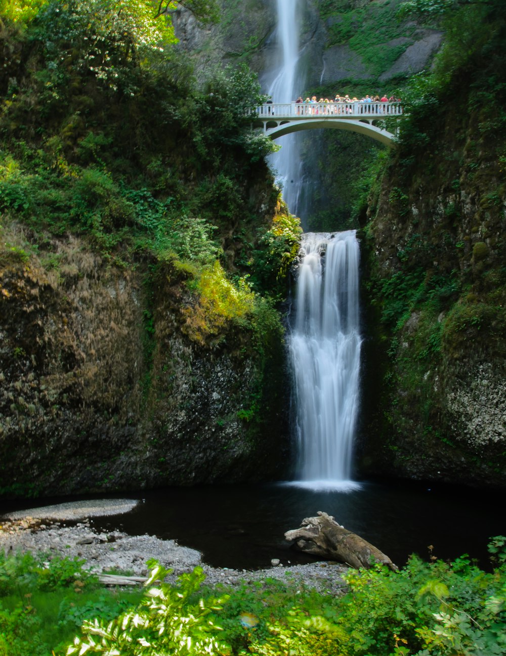 white bridge over river between green moss covered rocks