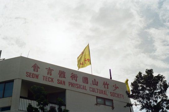 A building with red signage in both English and Chinese script reads 'Seow Teck San Physical Cultural Society.' Two yellow flags are visible on the roof, and there are trees in the foreground. The sky appears cloudy with diffuse sunlight.