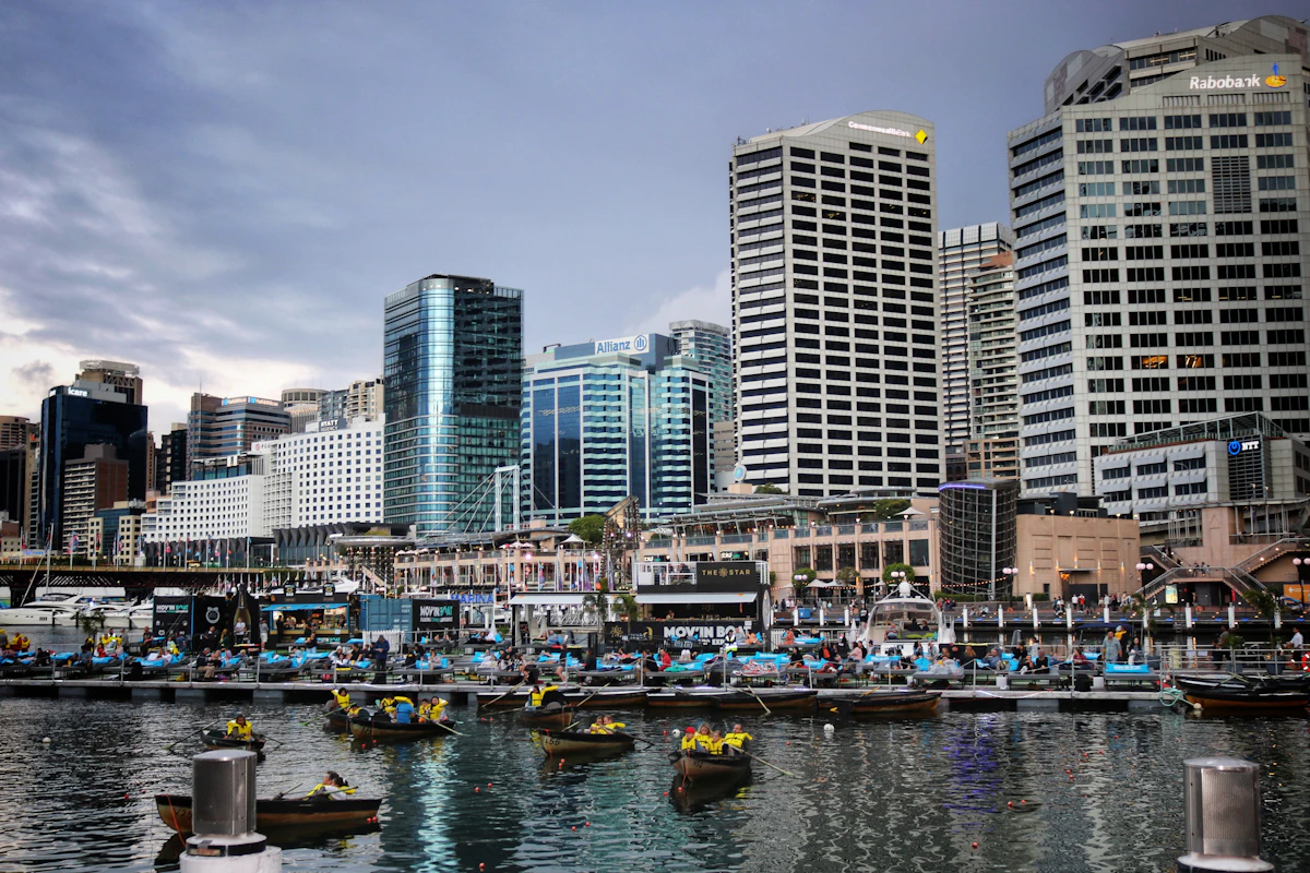 High-rise city buildings across Sydney harbour water