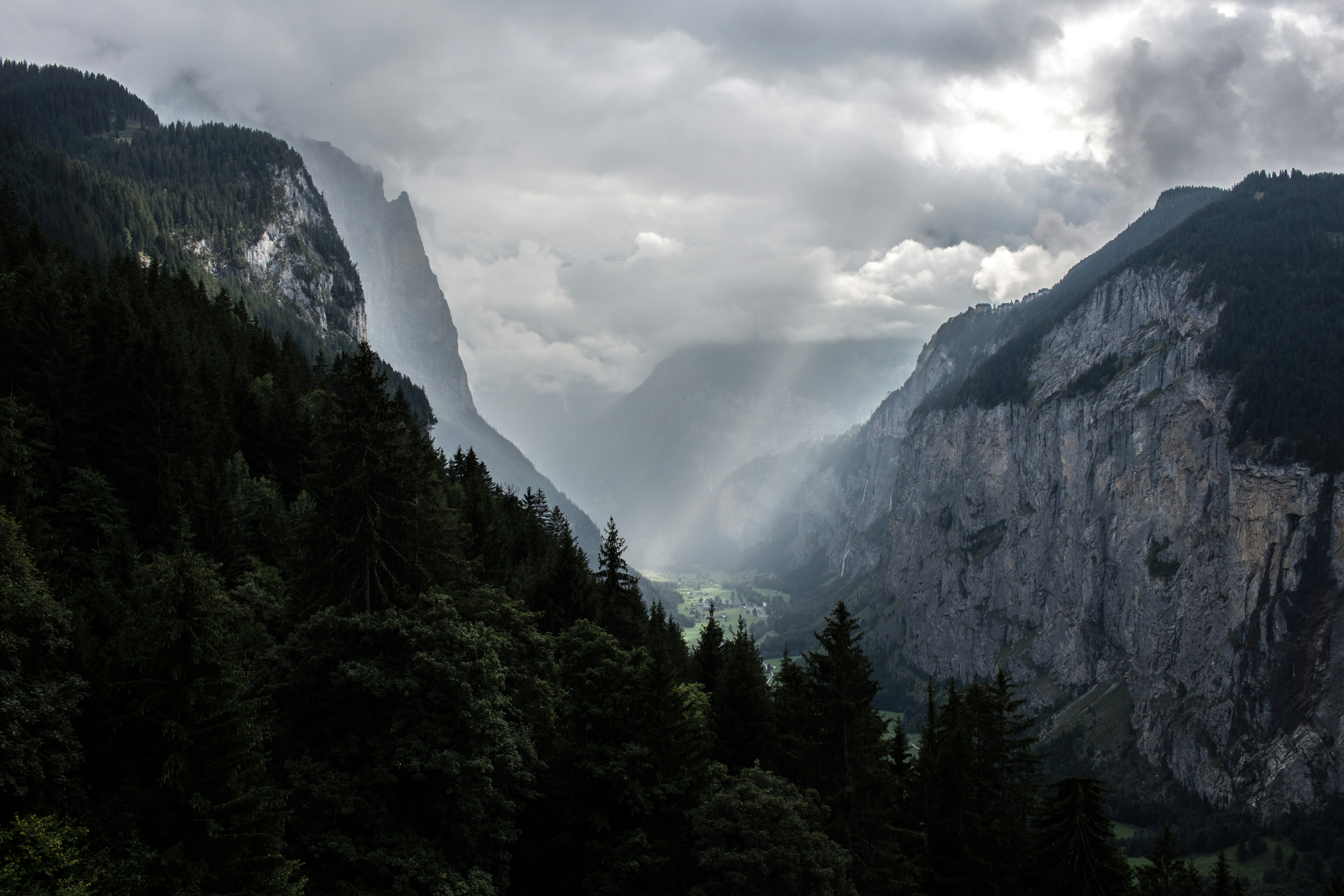 Grüne Bäume auf dem Berg tagsüber unter weißen Wolken