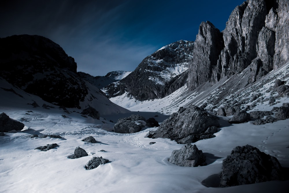 rocky mountain covered with snow under blue sky during daytime