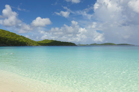 A vibrant photo of Lombok's pristine beaches with turquoise waters and lush green hills under a clear blue sky.