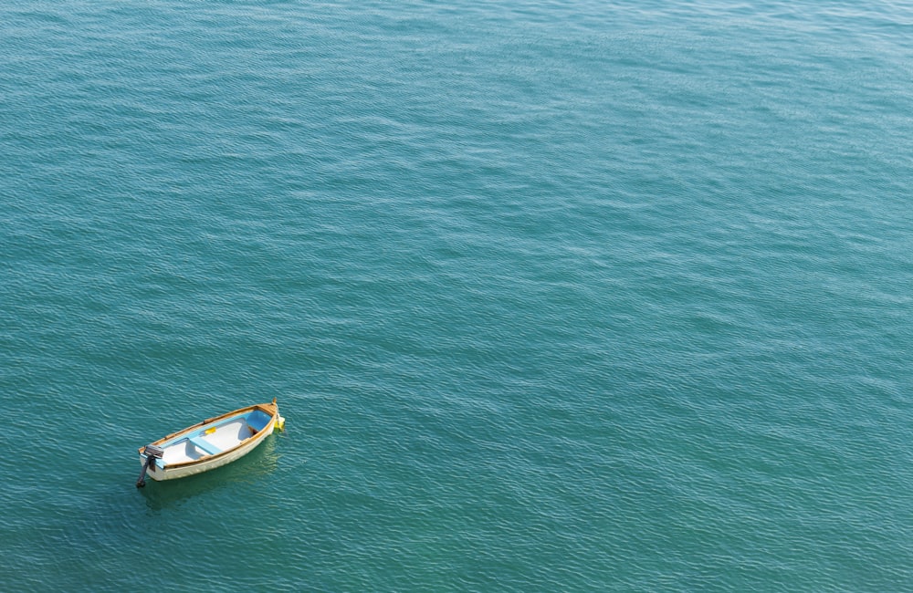 white and blue boat on green sea during daytime