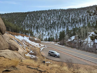 A scenic mountain road winding through pine forests with a sleek SUV from our fleet parked beside.