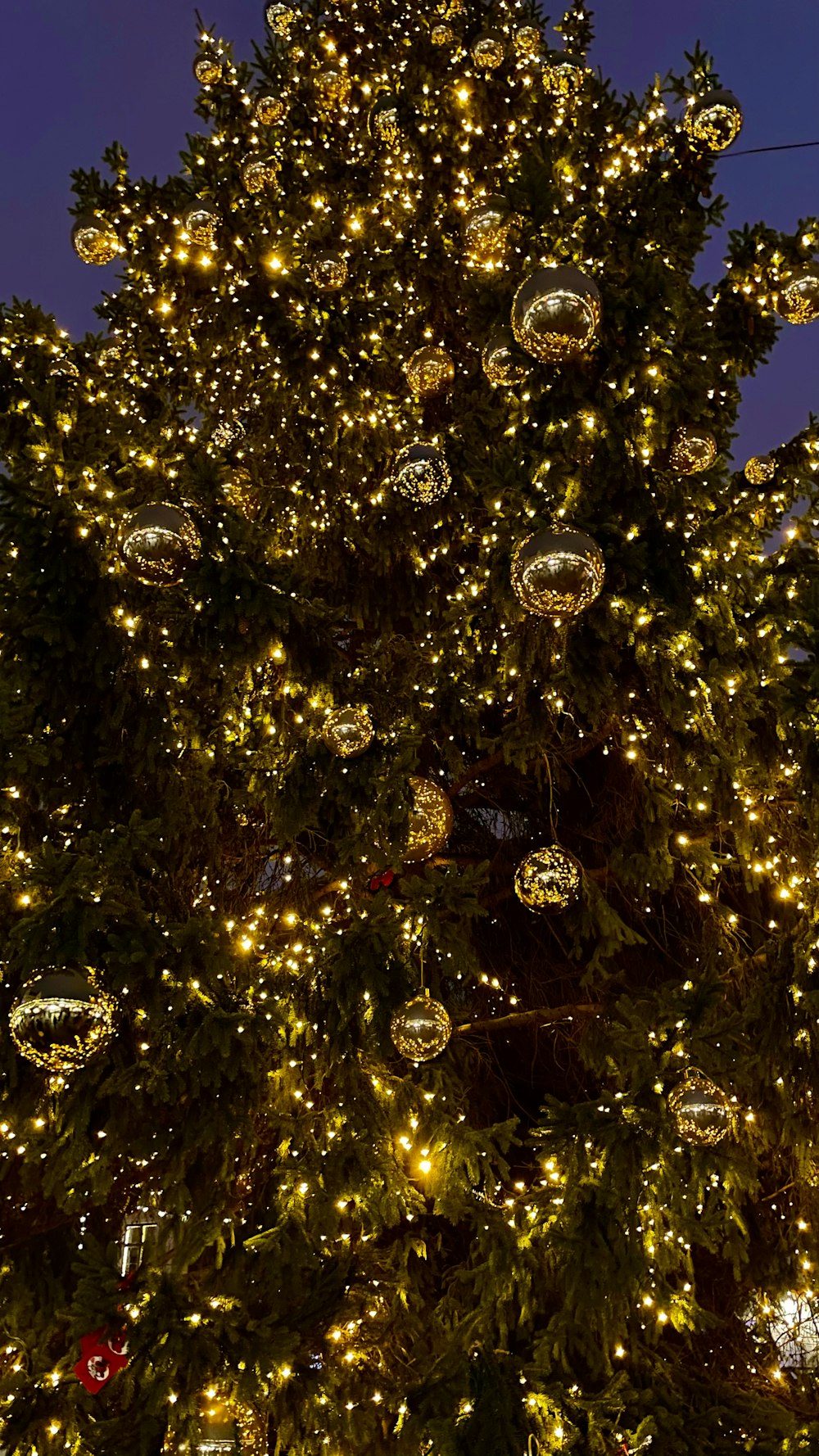 green christmas tree with string lights and baubles