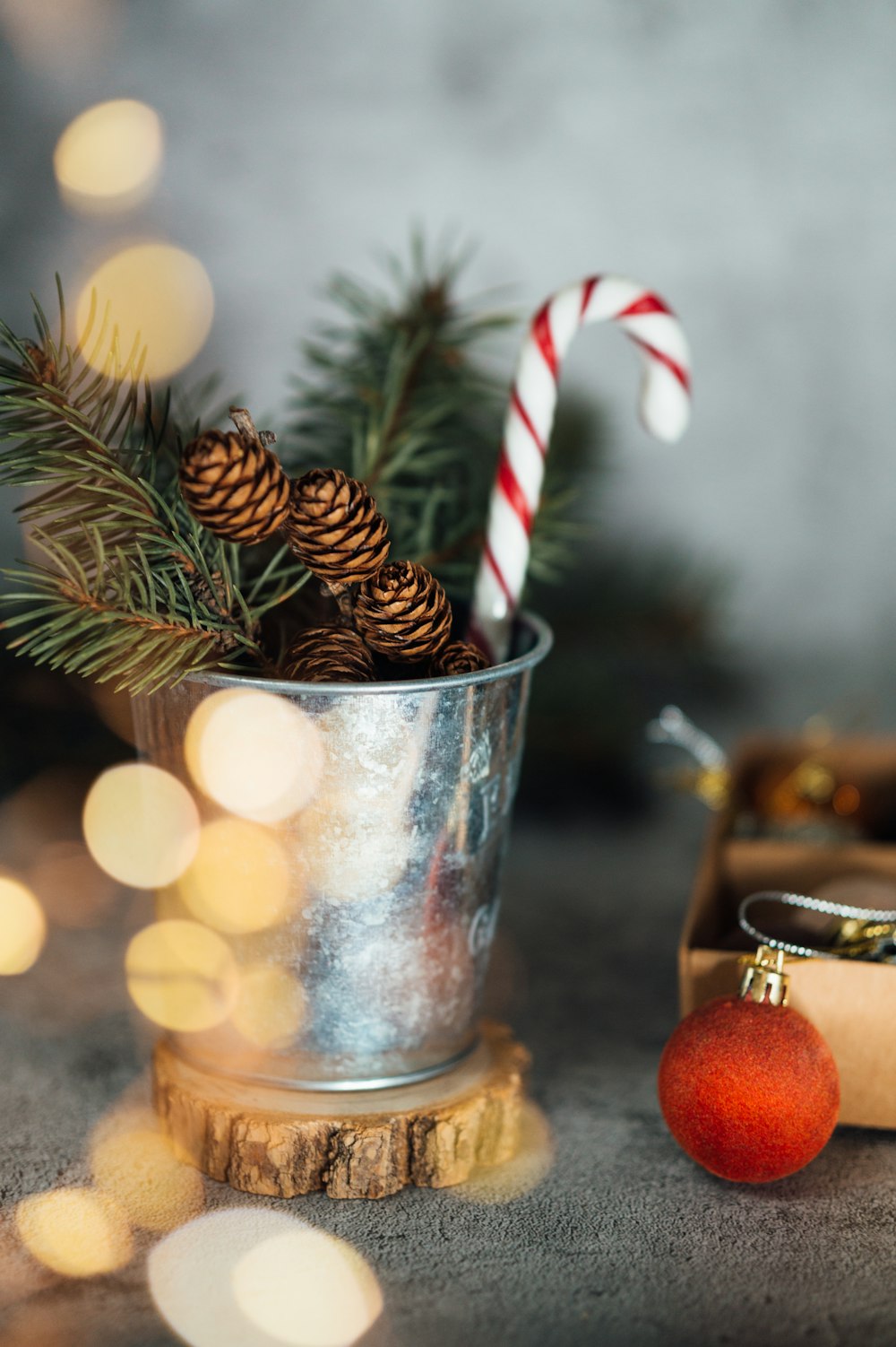 stainless steel bucket with red and white candy cane