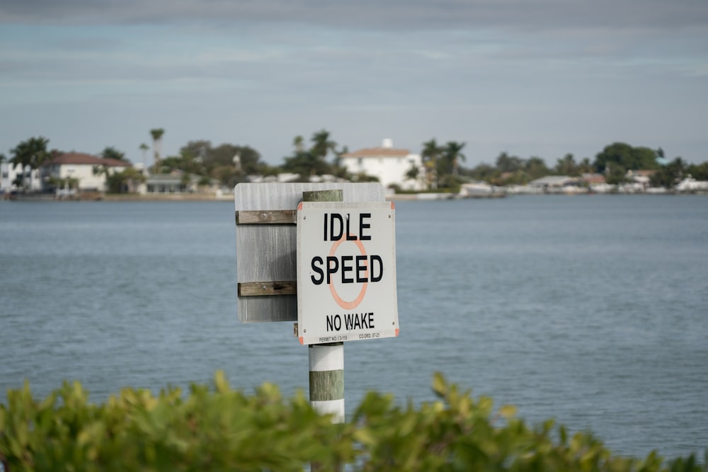 Signalisation en bois blanc près du plan d’eau pendant la journée