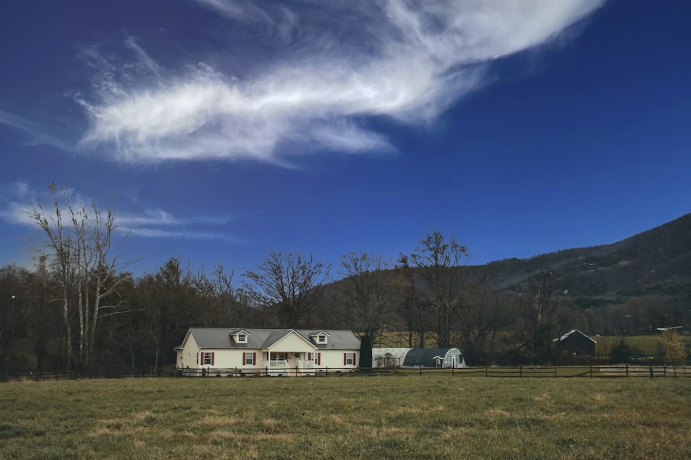 white and gray houses on green grass field under blue sky and white clouds during daytime