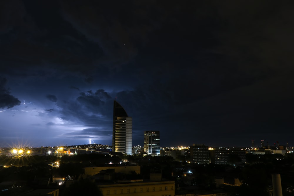 city skyline during night time