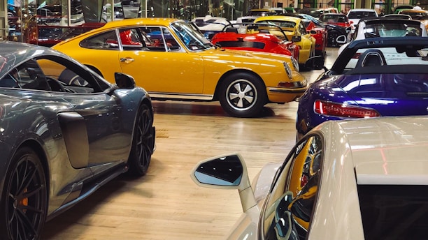 A collection of luxury sports cars are displayed in an indoor showroom with a polished wooden floor. The focus is on a vintage yellow car surrounded by modern vehicles of various colors, including red, blue, and gray. The setting appears affluent and neatly organized, highlighting the elegance and design of each car.