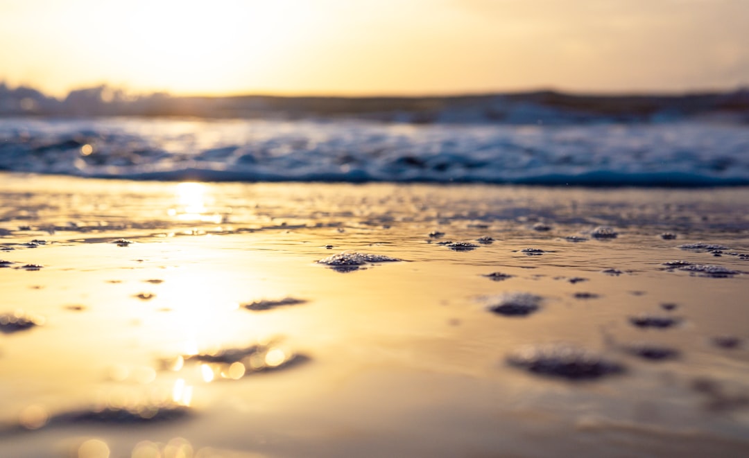 water on the shore during sunset