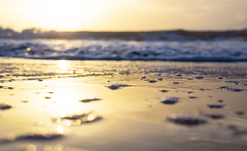 water on the shore during sunset