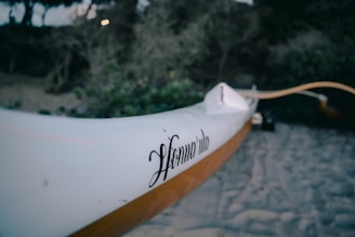 A close-up of a white canoe or kayak with the word 'Honu Vela' inscribed on its side. The background features a sandy beach and thick, green foliage, slightly out of focus, suggesting a natural setting.