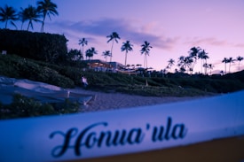 A serene beach setting during twilight, with palm trees silhouetted against a purple-blue sky. A beach resort with lights is visible in the background, and there are canoes or boats pulled onto the sand. The foreground features greenery and a blurred out-of-focus text reading 'Honua'ula'.