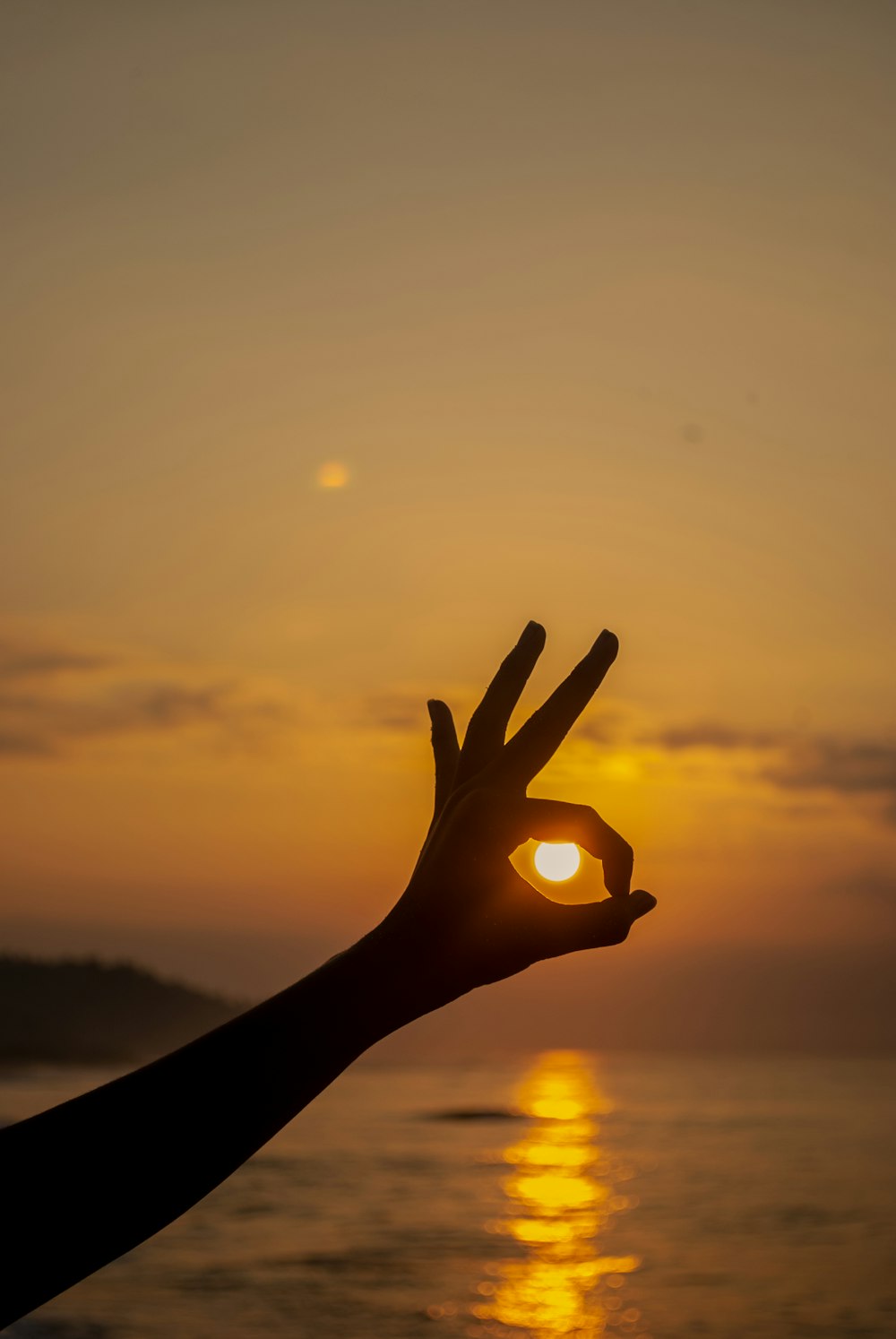 silhouette of persons hand during sunset