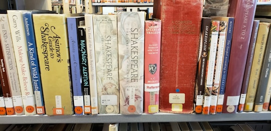 A row of books on a library shelf, featuring various titles related to Shakespeare and other literary topics. The books are in a mix of colors, and there are labels on the spines indicating their library classification.