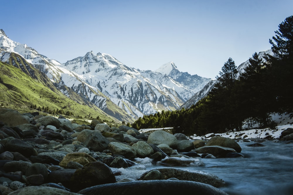 Fiume roccioso con montagne innevate in lontananza