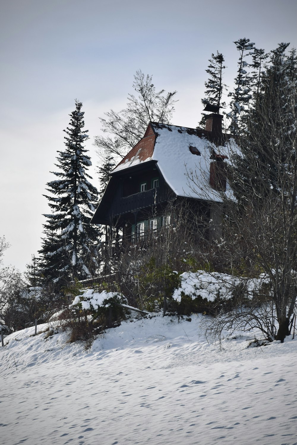 Casa de madera marrón en medio de un campo cubierto de nieve