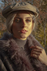 Model wearing a mustard yellow corduroy cap walking through a city street filled with autumn leaves.