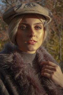 Model wearing a mustard yellow corduroy cap walking through a city street filled with autumn leaves.