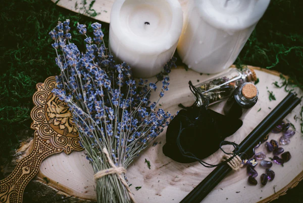 Spell candles and witchcraft tools